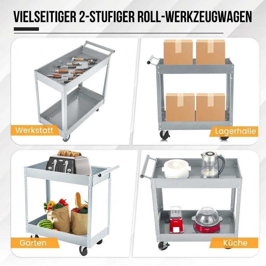 Werkzeugwagen Rollbar 2 Ebenen, Bis 150 kg Belastbar, Metall Werkstattwagen Mit Rollen, Schwerlast Servicewagen Mit Ablagen, Werkzeugwagen Für Garage, Werkstatt, Lager & KFZ-Reparatur, Grau