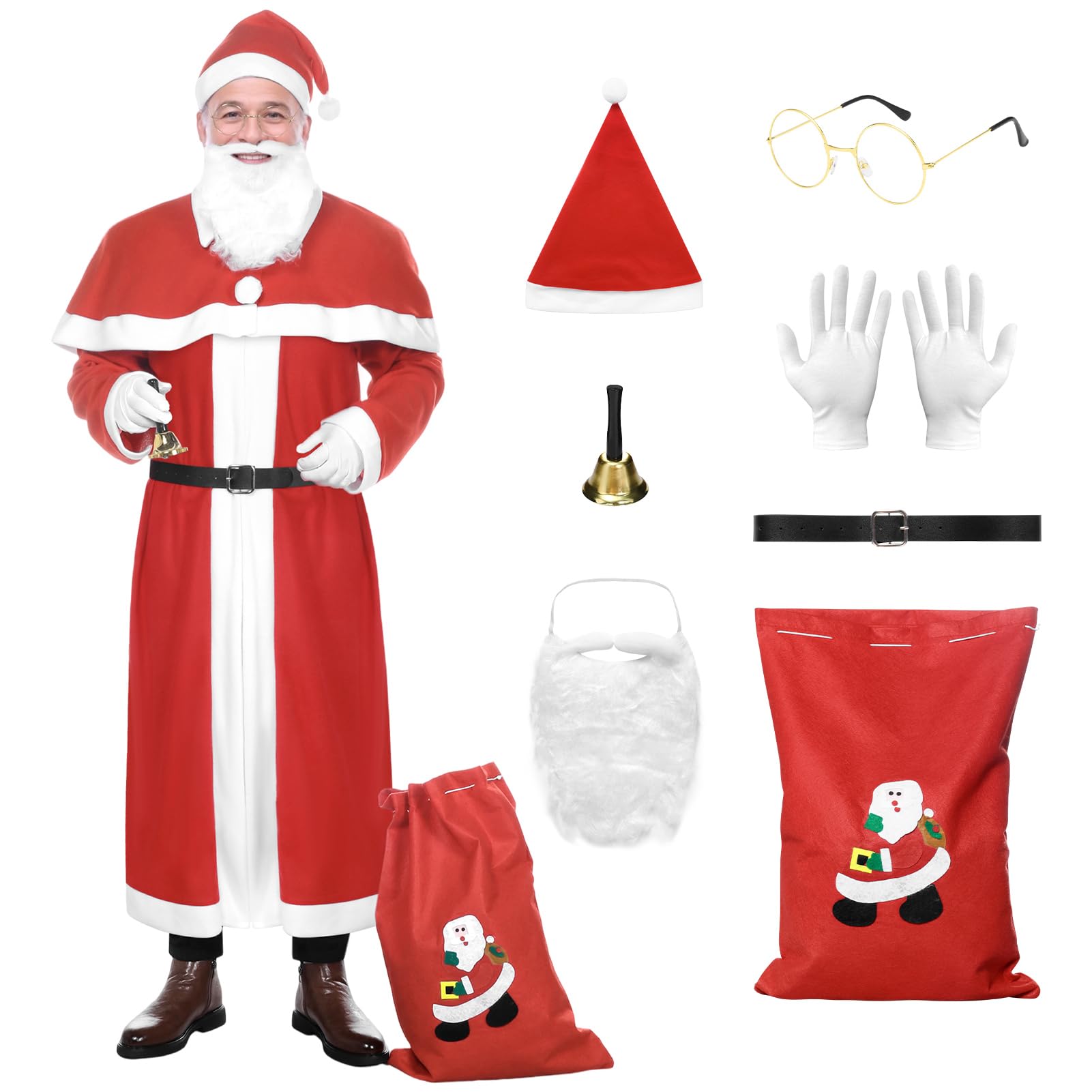 Joyesplay Santa Costume Adult Men,Father Christmas Outfit Santa Suit with Jacket Pants Xmas Party Cosplay Set (8 PCS)