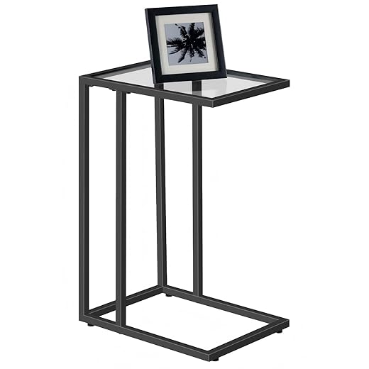 HOOBRO C Shaped End Table, Tempered Glass Snack Side Table with Metal Frame, TV Tray Table for Small Space, Sofa Couch and Bed, Modern Style, Black BK03SF01