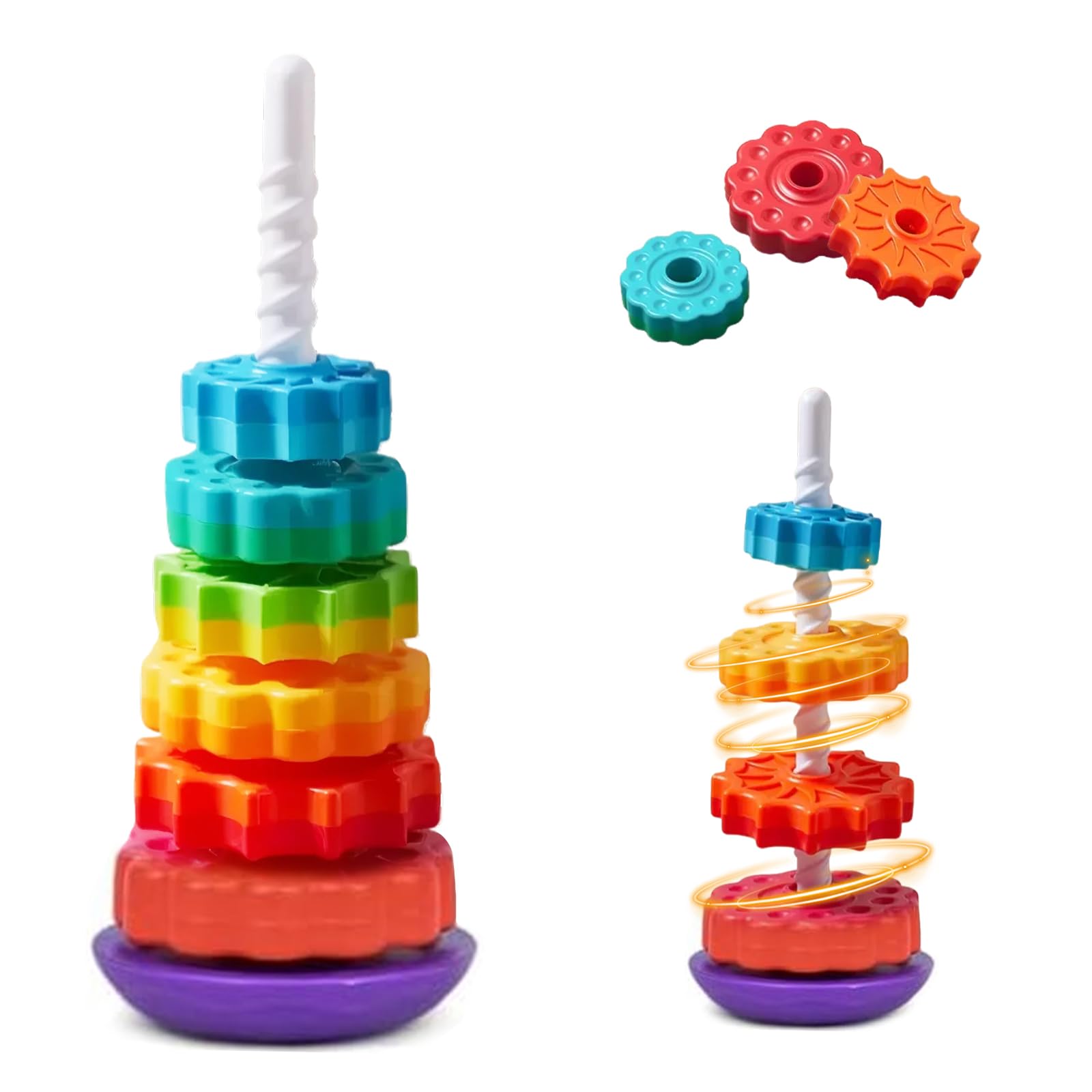 DYOUen Baby Spinning Toy Rainbow Stacking Tower Stackable Spin Gears Sensory Ring Stacker Educational Montessori BPA Free for 12 Months+