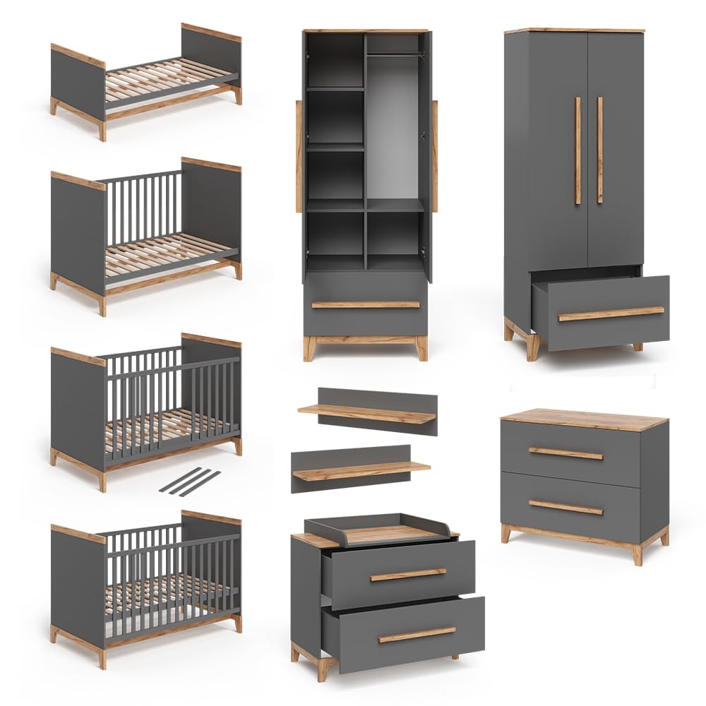 VitaliSpa Set de Chambre d'enfant Malia, Gris/chêne, Lot de 4, adapté à l’Extension avec d’Autres Meubles Malia
