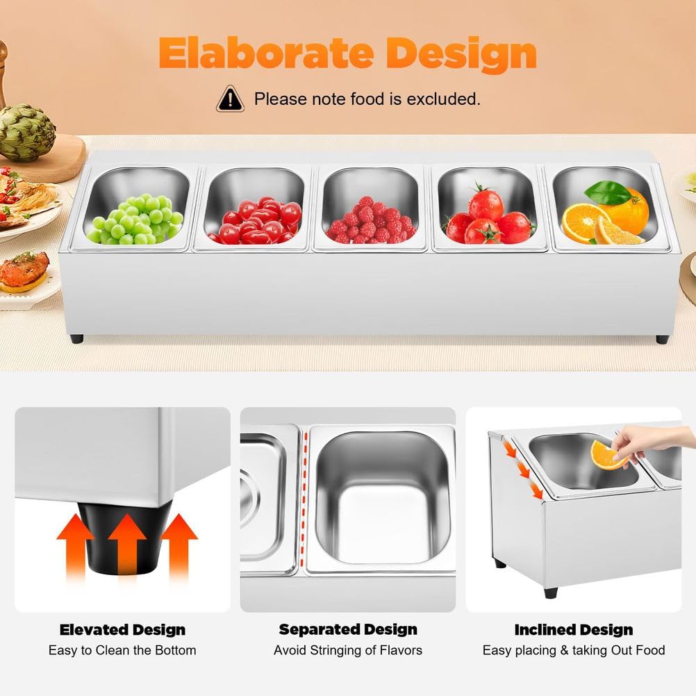 Vassoio da Portata in Acciaio Inox con 4 Scomparti - Dispenser per condimenti da Buffet, Contenitore da banco per Alimenti, Accessori da Cucina, Forniture per ristoranti