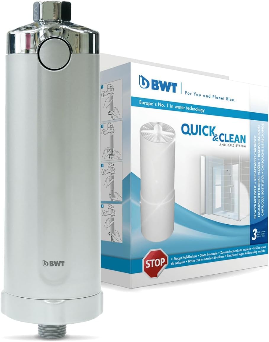 BWT Système de filtration anti-calcaire Quick & Clean - Nettoyage par simple pression d'un bouton pour un bain sans calcaire - Filtre de douche avec 4 cartouches filtrantes