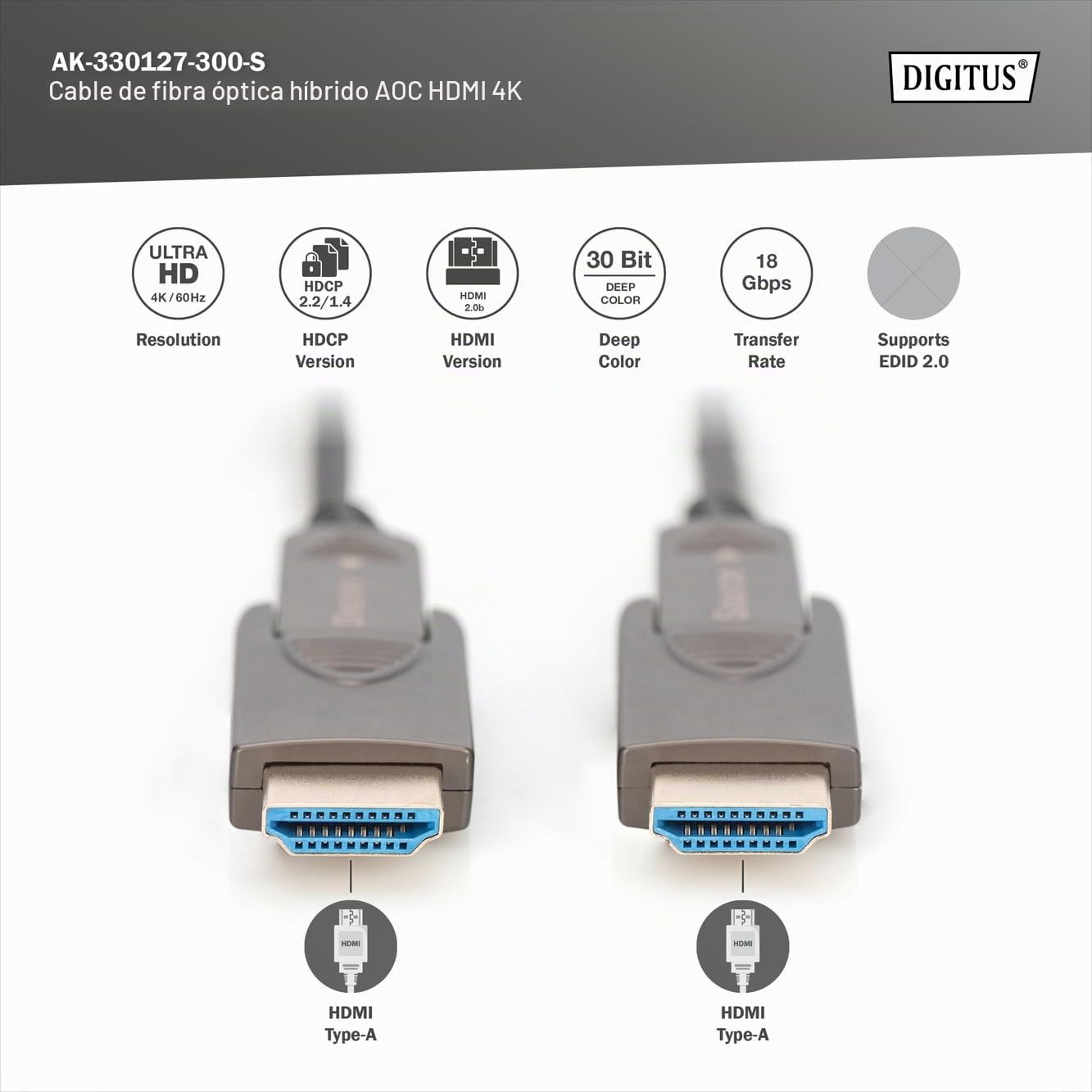 DIGITUS Cable HDMI de fibra óptica – 30 m – conectores desmontables | UHD 4K 60 Hz – HDMI 2.0 – 18 Gbps – ARC, HDR, HDCP 2.2, CEC – Cable híbrido AOC – Cable HDMI de fibra óptica – Negro