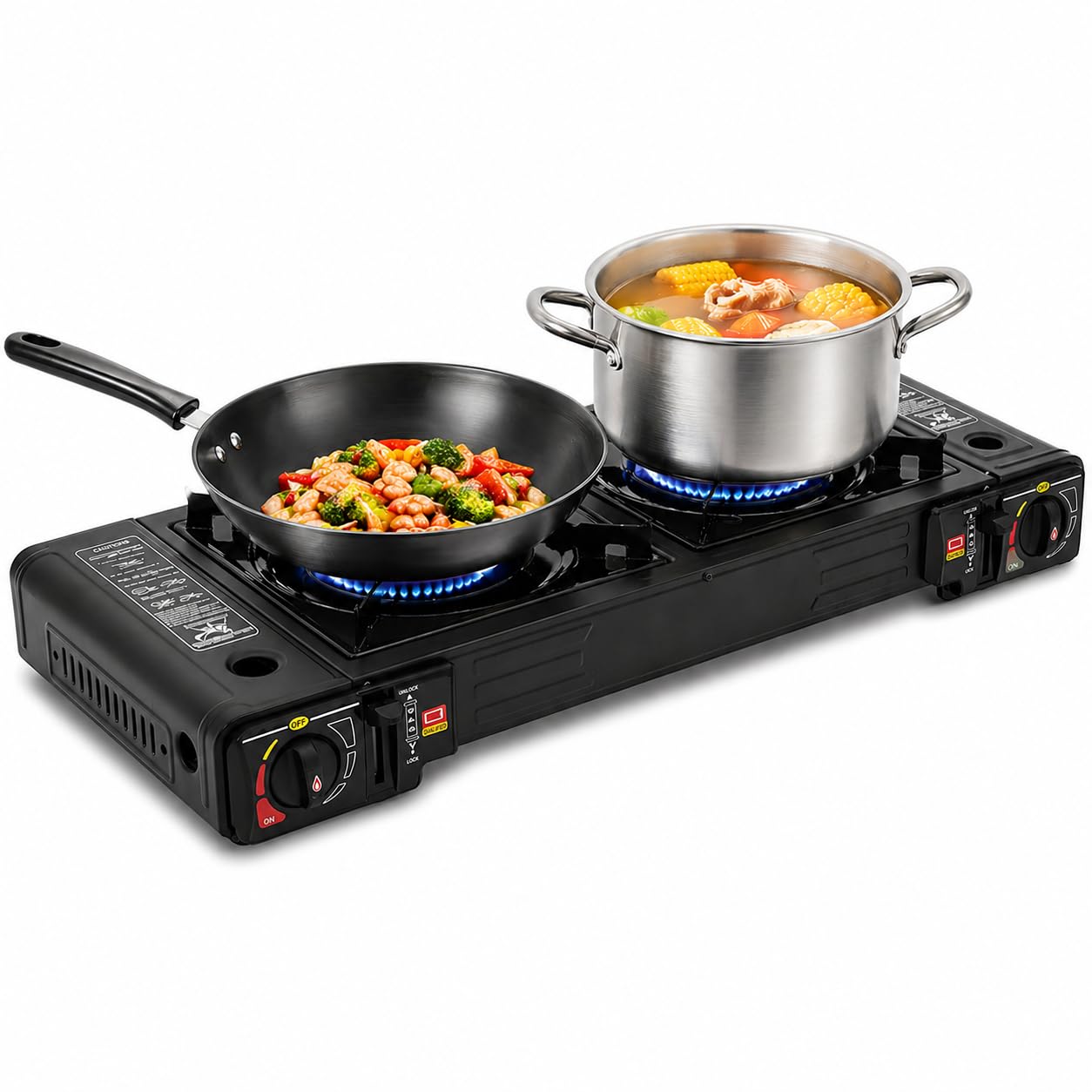 Hornillo de camping de 2 quemadores, cocina de gas para exteriores, parrilla, maletín, barbacoa, hornillo de gas de 2 quemadores para interiores (no incluye placa de parrilla)