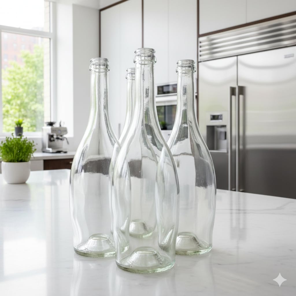 BERARDI | Juego de 6 botellas de cristal de diseño de 750 ml para agua natural, mineral, vino, bebidas, bebidas, bebidas, 6 tapas doradas incluidas