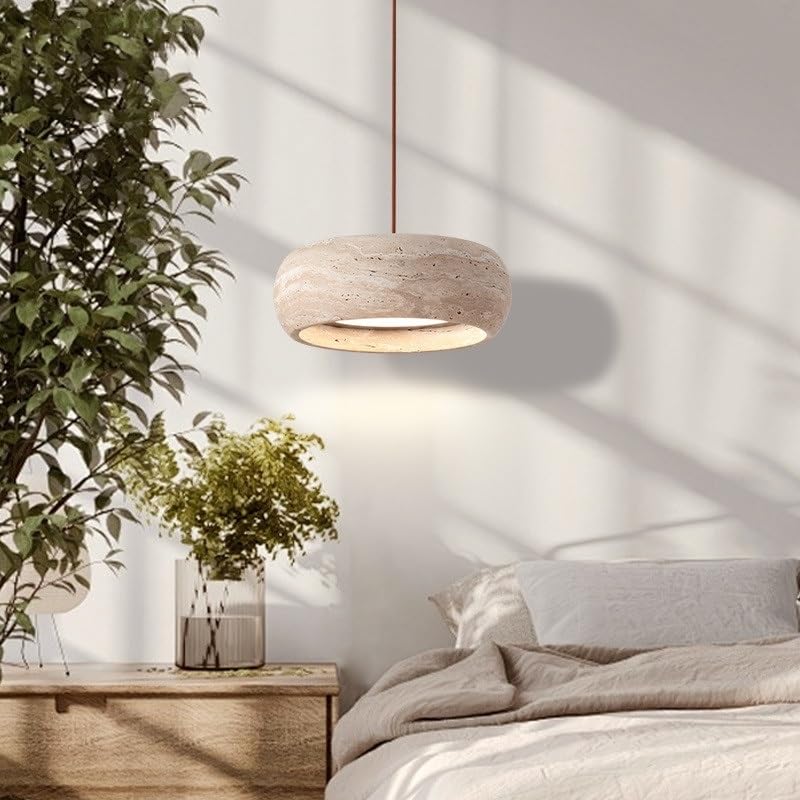 Suspension travertin jaune avec abat-jour rond pendentif LED luminaire minéral haut de gamme