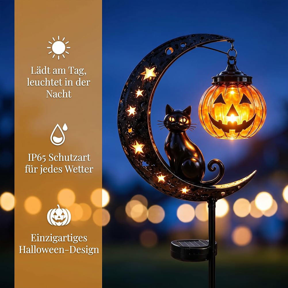 Halloween Deko Outdoor Solar Gartenstecker, Schwarze Katze Mond und Kürbis Deko, Wetterfeste Solarlampen für Außen, Halloween Deko Garten für Rasen, Gehwege und Terrassen，2Pcs-A