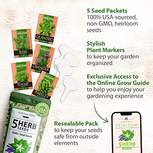 5 Herb Seeds Variety Pack - Culinary Herb Garden: Basil, Lavender, Cilantro, Parsley & Thyme Seeds For Planting Indoors/Outdoors 2000+ Non-Gmo Heirloom Herb Seeds W/Bonus Markers & Grow Guide #TOP4