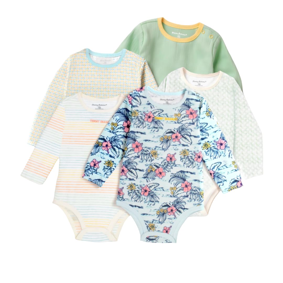 Tommy Bahama Baby 5-Piece Onesie Set - 100% Cotton Long Sleeve Bodysuit 5-Pack for Infant Boys and Girls