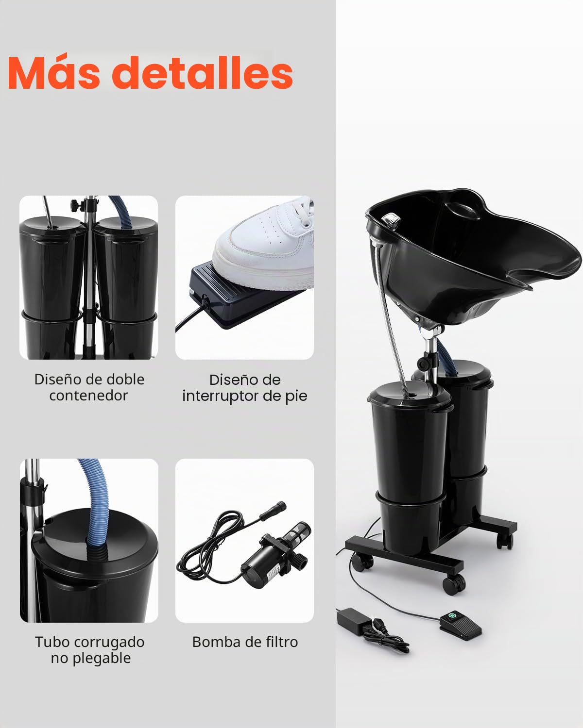 VEVOR Lavabo Portátil para Champú con Bomba Eléctrica, 2 Baldes, 2 Cabezales de Ducha, Manguera de Drenaje, Lavabo para Champú Portátil Ajustable en Altura y Ángulo para Uso en Salón Doméstico, Negro