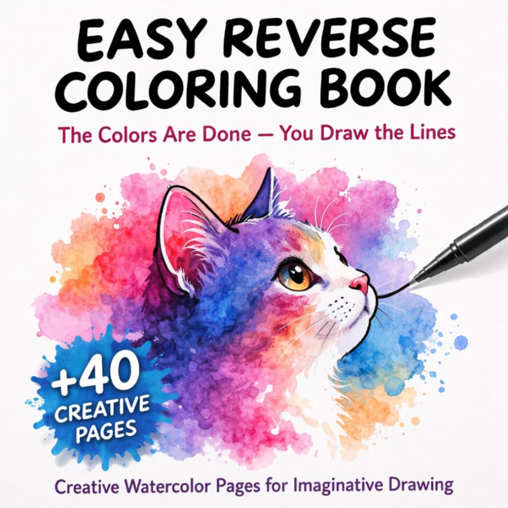 Easy Reverse Coloring Book for Adults: Draw the Lines, Relax and Create – Creative Watercolor Pages for Mindfulness, Stress Relief and Imaginative Doodling