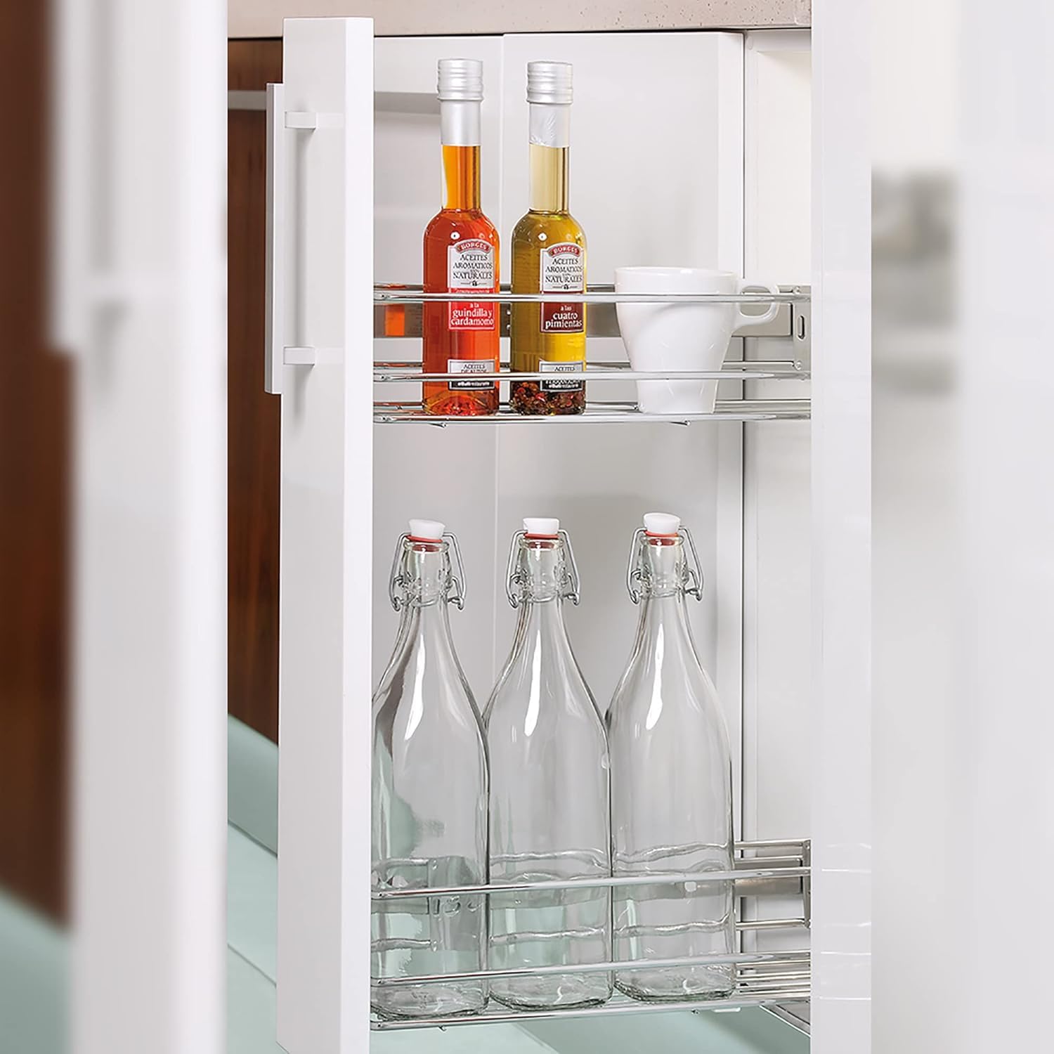 Carrello cestello portabottiglie Estraibile per Mobile di Cucina in Acciaio Cromato - Base mobile - Sistema Ammortizzato Soft - Close