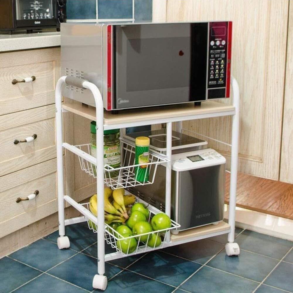 Stable Kitchen Shelf Microwave Oven Rack, Movable Stand with Storage Basket, 360° Universal Wheels, Steel Pipe &MDF, Strong Bearing Capacity