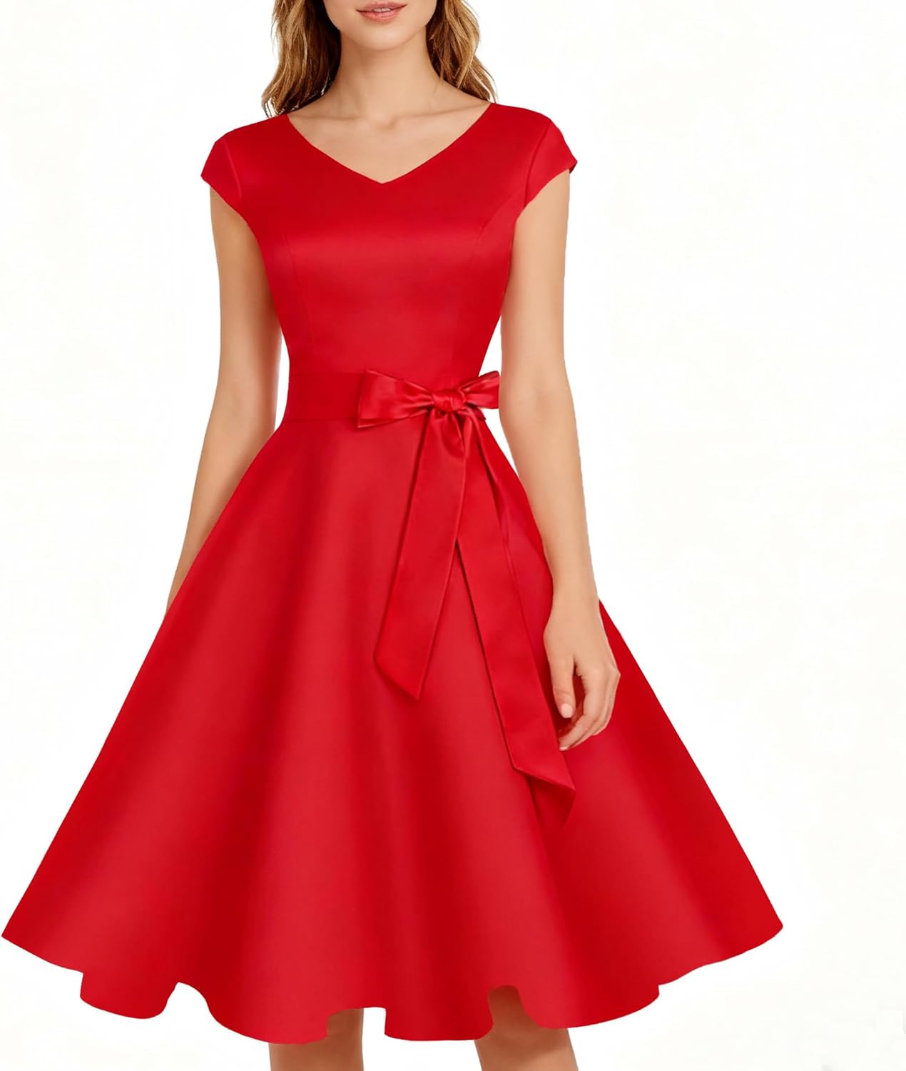 OBBUE Women's Vintage Cocktail Dresses V Neck 1950s Dresses Homecoming Party Short Sleeves Dress with Pockets - Image 2