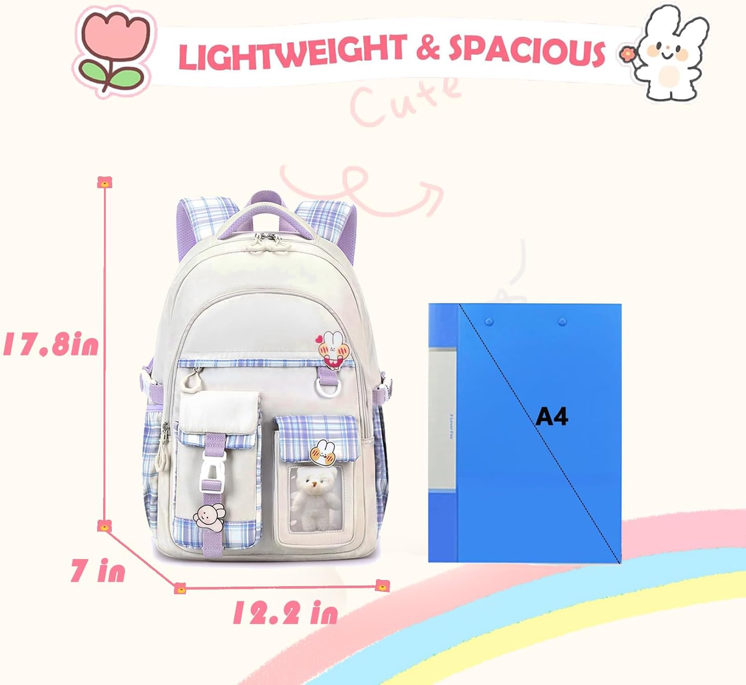 Girls Backpack,Cute School Backpack for Girls Kids Teens,Kawaii Bookbag for Primary Elementary,White - Image 3