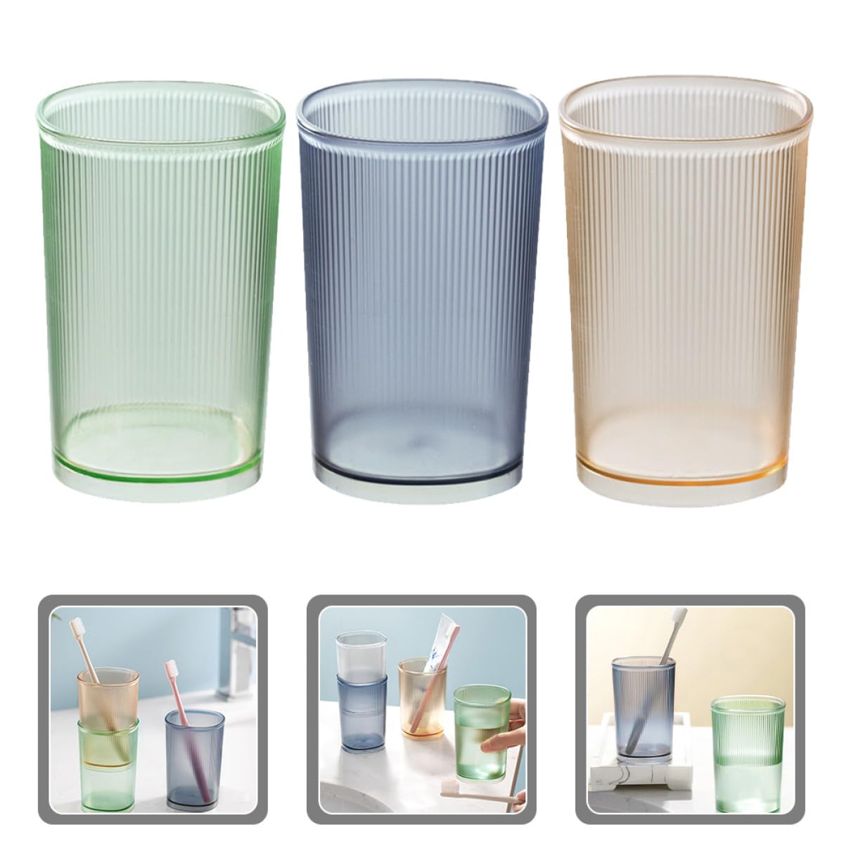 3 Piezas Vasos para Cepillos de Dientes y Enjuague Bucal de 500ml, Diseño Simple Acabado Mate, Material Pet Resistente y Apilable para Uso Hogar