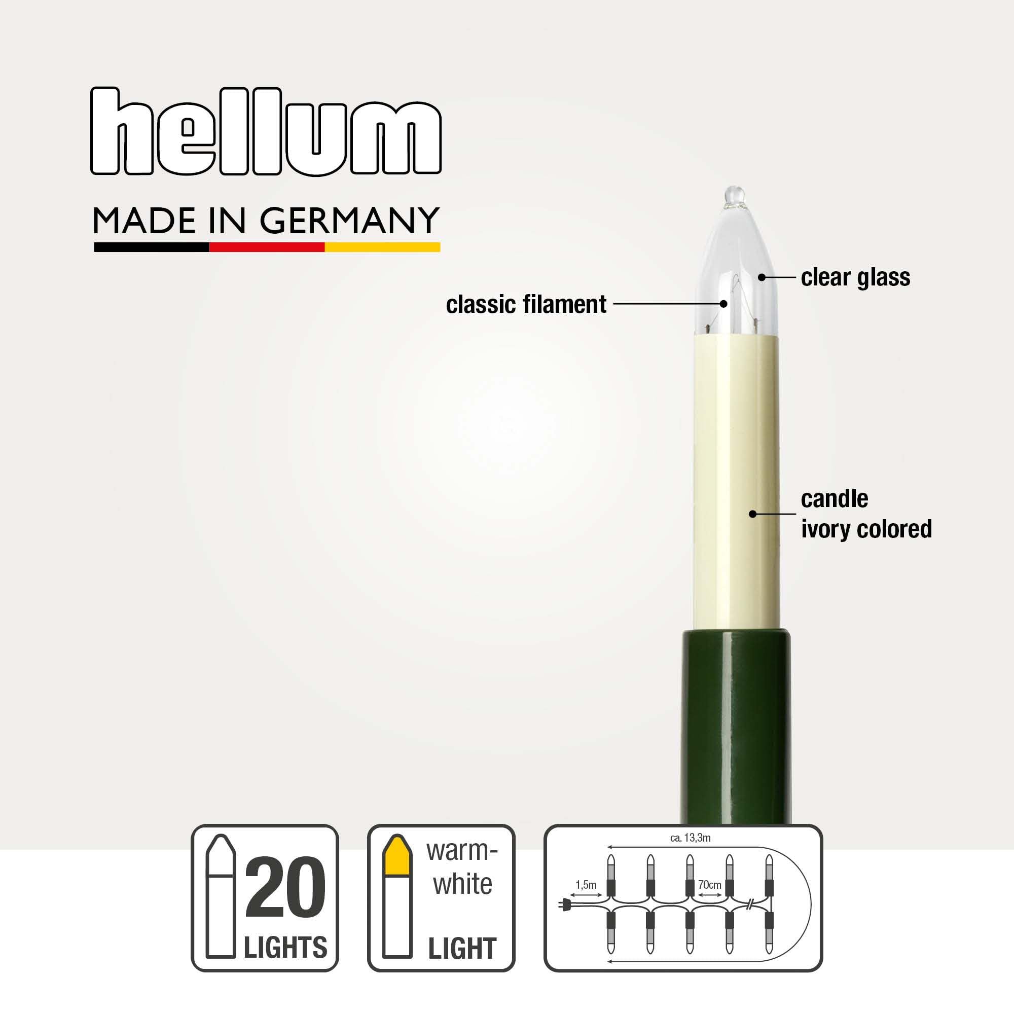 Hellum Catena Luminosa Natale, Made in Germany, Clip, 20 Luci, 13,3 m illuminate, Cavo Verde, Bianco Caldo, Interni, Spina Divisibile, Non LED <59 lm 802009