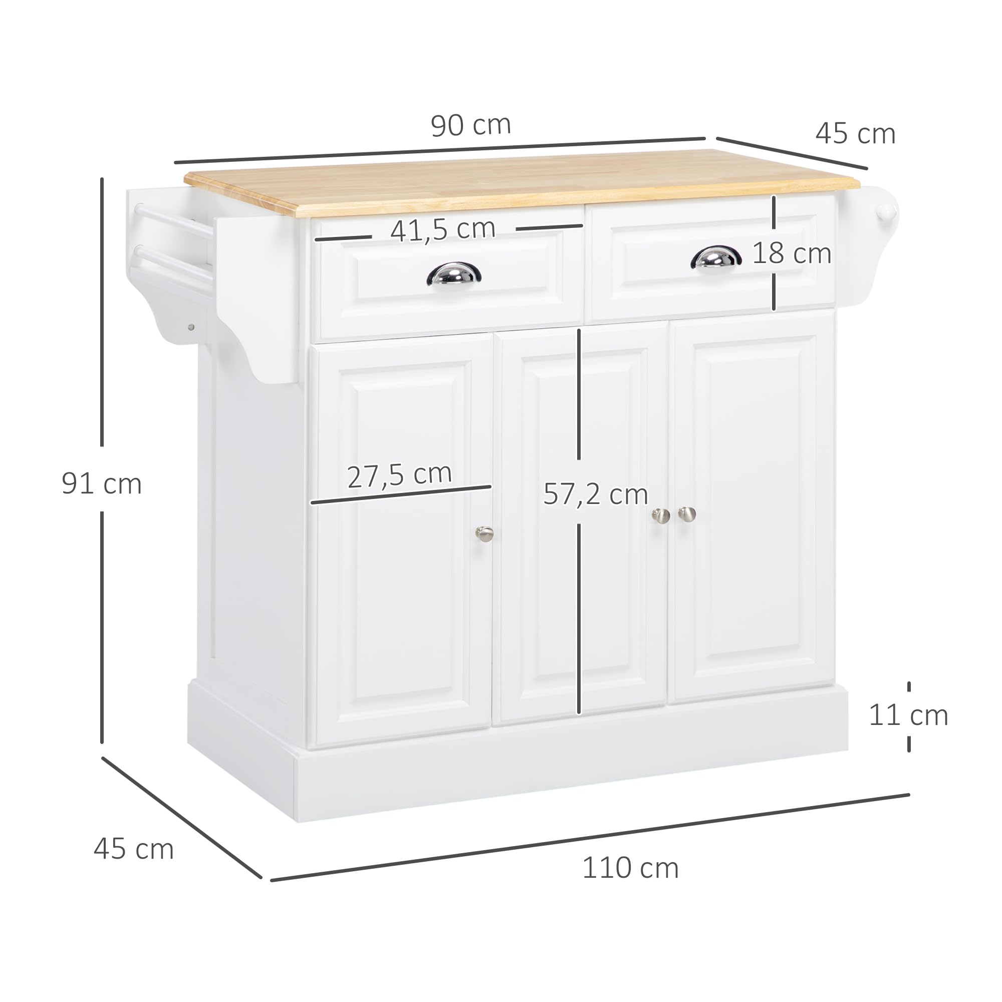 HOMCOM Ilot de Cuisine Chariot de Cuisine à roulettes Desserte Polyvalent avec 2 tiroirs 3 Portes Porte-Serviettes et Porte-épices pour Salle à Manger dim. 110L x 45l x 91H cm Blanc