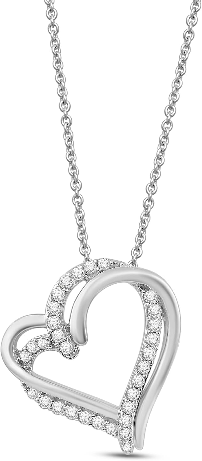 Jewelili Sterling Silver Double Tilted Heart Pendant Necklace for Women | 1/4 CTTW Round Lab Grown Diamonds | 18" Cable Chain | Luxury Jewelry | Gift Box Included