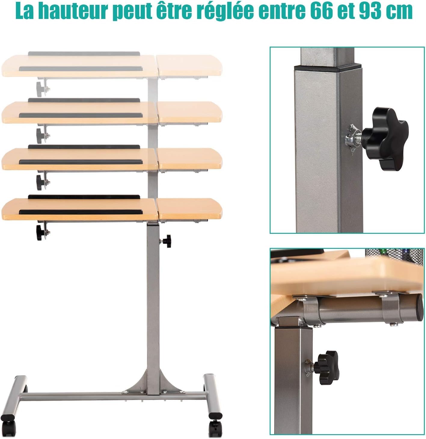 RELAX4LIFE Table de Lit pour Ordinateur Hauteur Réglable 64x45x64-95CM avec 4 roulettes Tablette Inclinable (Naturel)