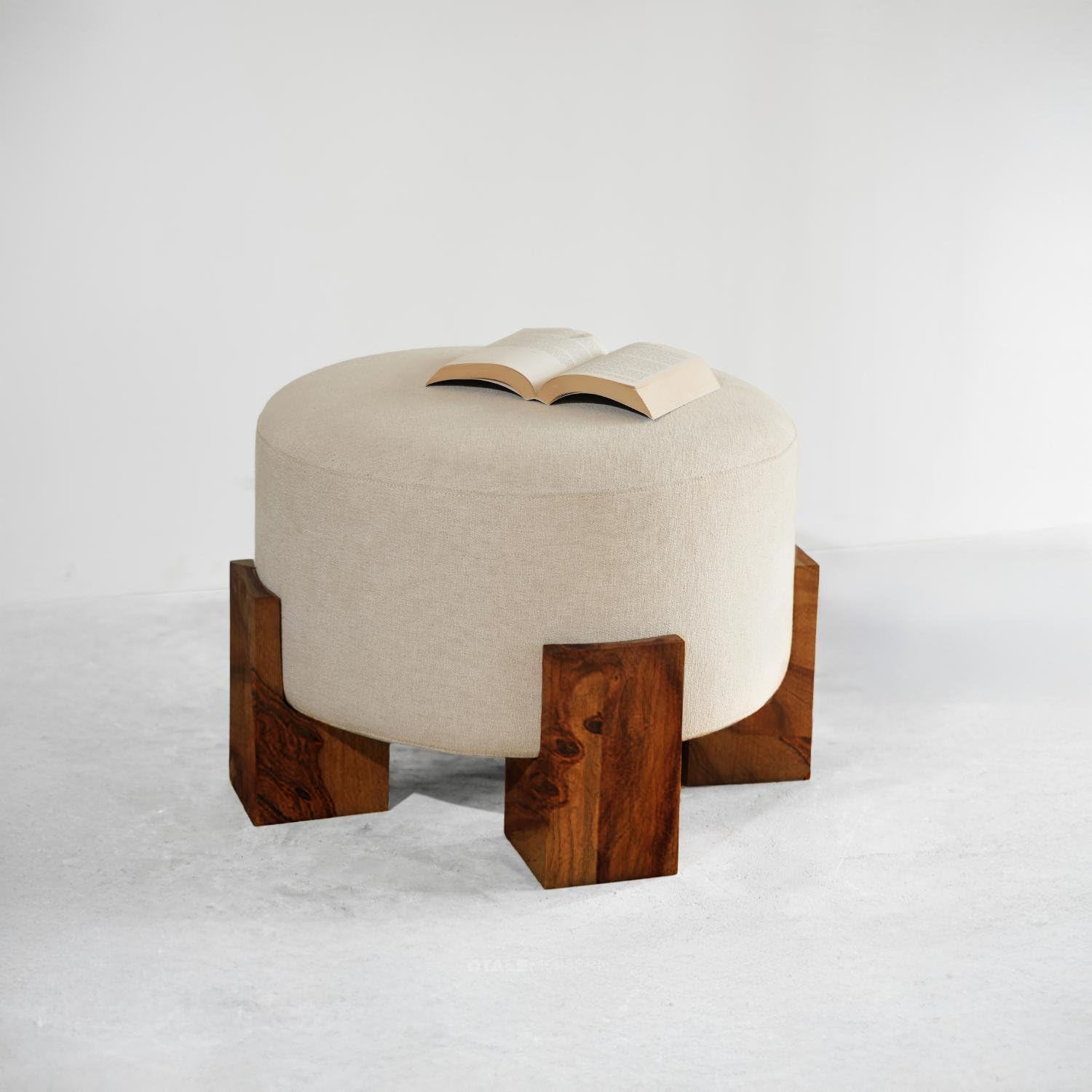 evo furnitures solid sheesham wood ottoman stool - sera | round padded pouffe with premium fabric | modern footrest & seating for living room, bedroom & entryway