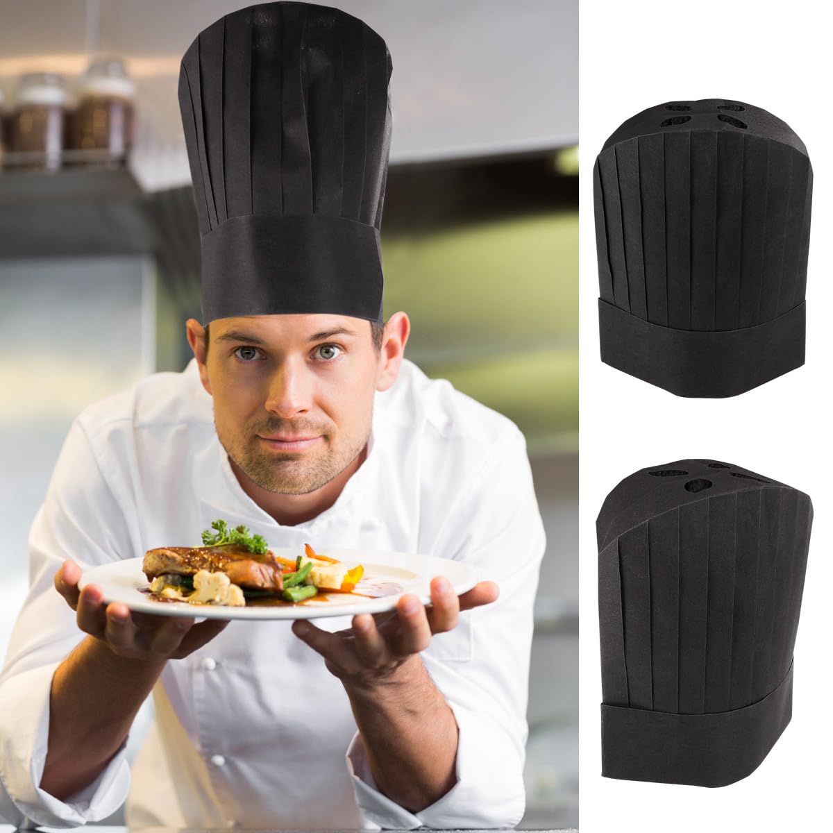 Outanaya Gorro de Chef Desechable Negro para Cocina, Cómodo y Amigable Piel, Hecho de Papel, Paquete de 20 Unidades para Escuelas de Catering y Colegios