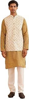 (Since 1958 Men'S Ethnic Motifs Silk Blend Mustard Kurta With Pyjama & Cream Nehru Jacket
