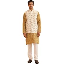 Sojanya Since 1958 Men'S Ethnic Motifs Silk Blend Mustard Kurta With Pyjama & Cream Nehru Jacket