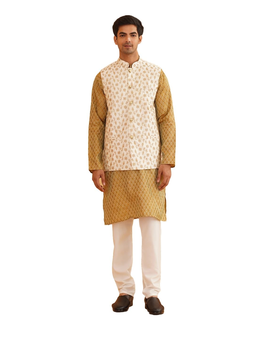 Sojanya (Since 1958 Men's Woven Design Mustard Silk Blend Kurta With Churidar & Cream Embroidered Nehru Jacket Size-38