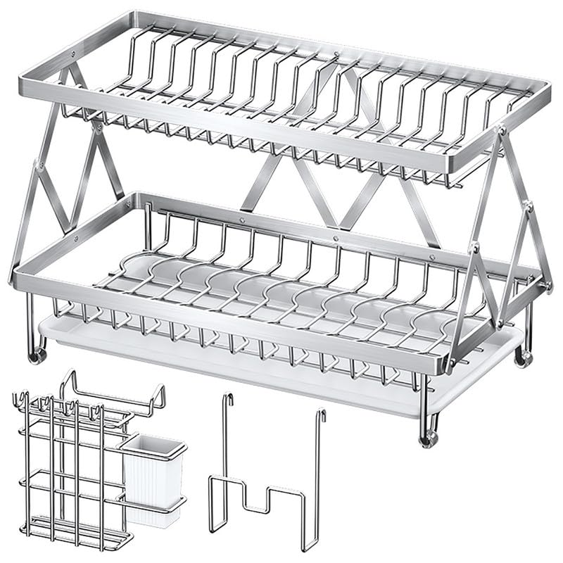 Dazzluxe Escurreplatos, Organizador De Cocina De Doble Capa con Escurridor, Escurridor de Platos De Gran Capacidad Y Estante De Almacenamiento para Barras De Cocina