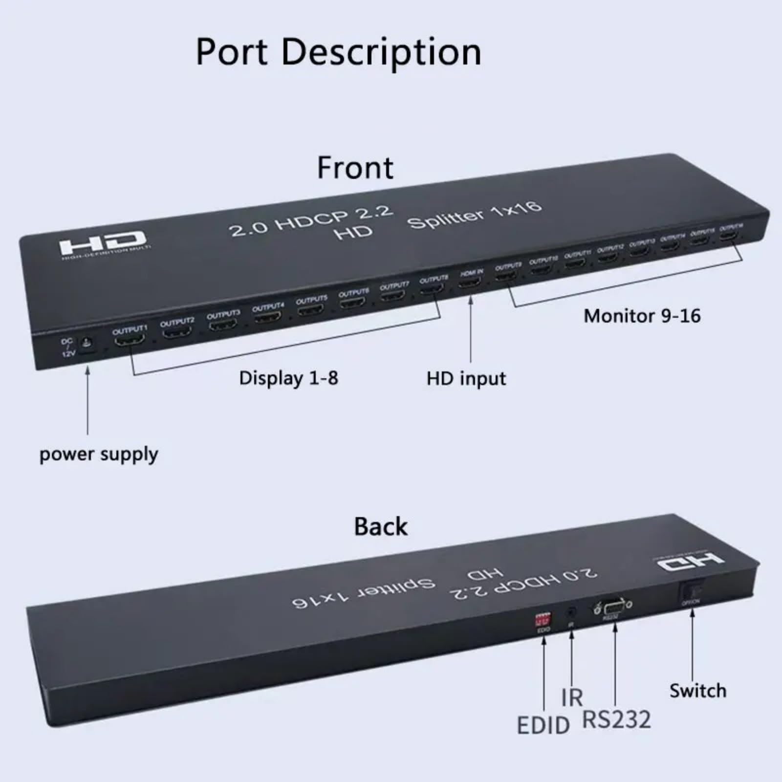 Convertitore distributore Splitter 4K 60Hz 1x16 for HDMI2.0 1080P for videocamera Dvd, Laptop, PC e Monitor TV con Ampia compatibilità, Facile da configurare(4K 30Hz 1X16)