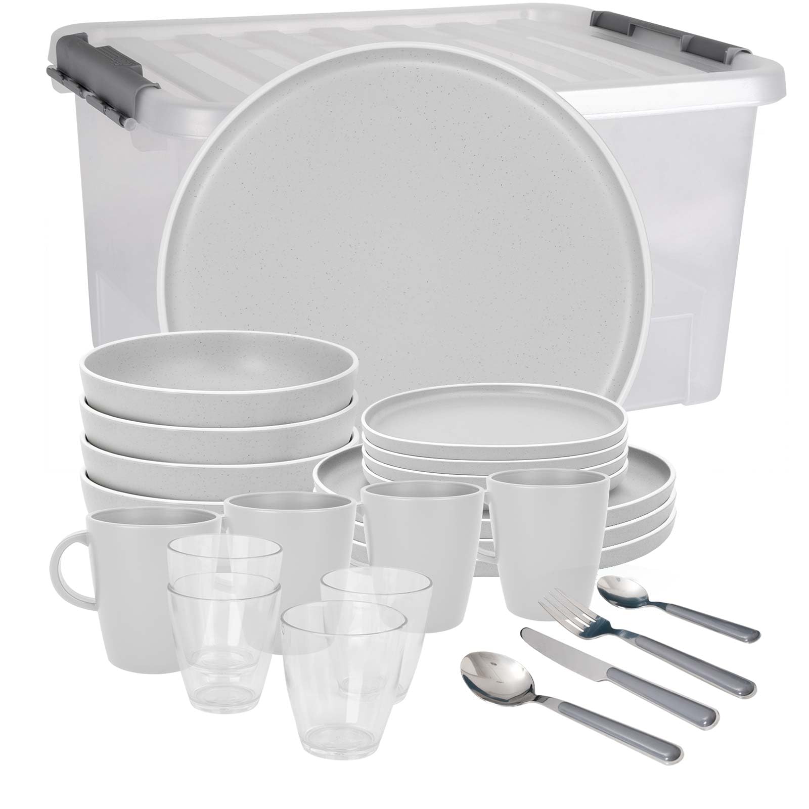 BRUNNER Melamin Geschirr-Set Camping 36-tlg DOLOMIT All Inclusive Stapelbar | Antislip (Antirutsch), 2-4 Personen, wie Steingut (StoneTouch), Bruchfest, Teller Besteck & Becher, Wohnmobil Wohnwagen Boot