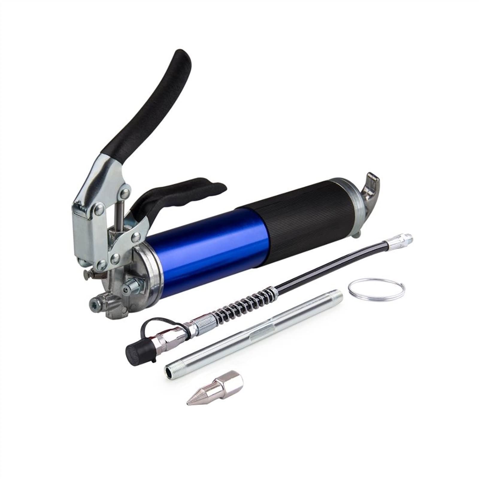 Boquilla engrasadora Boquilla Bomba de Engrase Duty 6000PSI Pistola engrasadora Empuñadura de Pistola 400cc 14oz Lubricación W/12quot; Manguera Flexible y 5-1/2" Extensión Metálica(Blue)