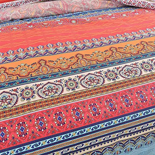 Nanko King Duvet Cover Set Boho Colorful Retro Striped Print 3Pc 104 X 90 Luxury Soft Microfiber Down Comforter Quilt Bedding Cover With Zipper Ties - Bohemian Exotic Style For Men And Women Red Blue #TOP4