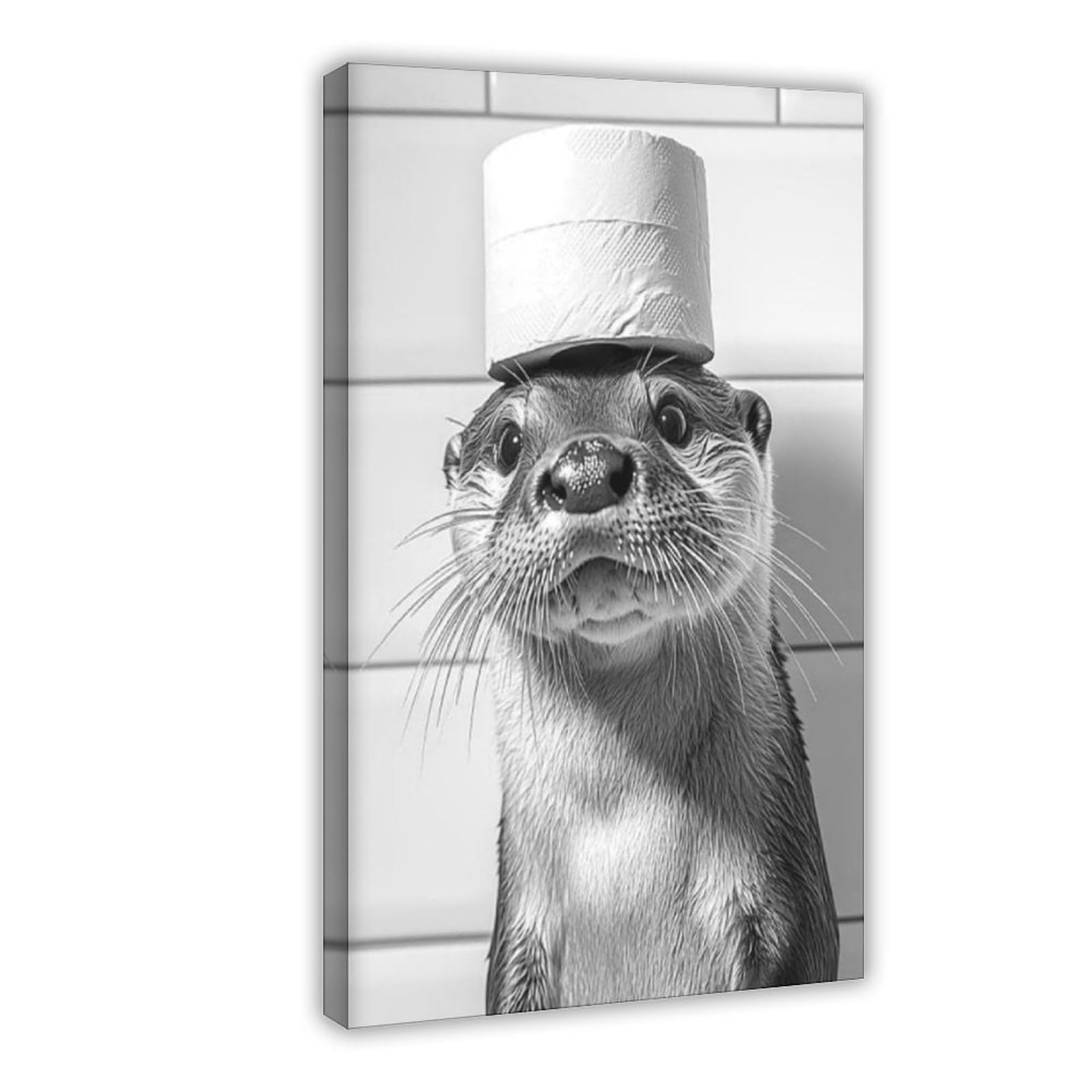 Bncedjk Otter With A Toilet Paper Roll On Head, Funny Bathroom Canvas Poster Bedroom Decor Landscape Decor Gift 08X12inch(20X30cm)