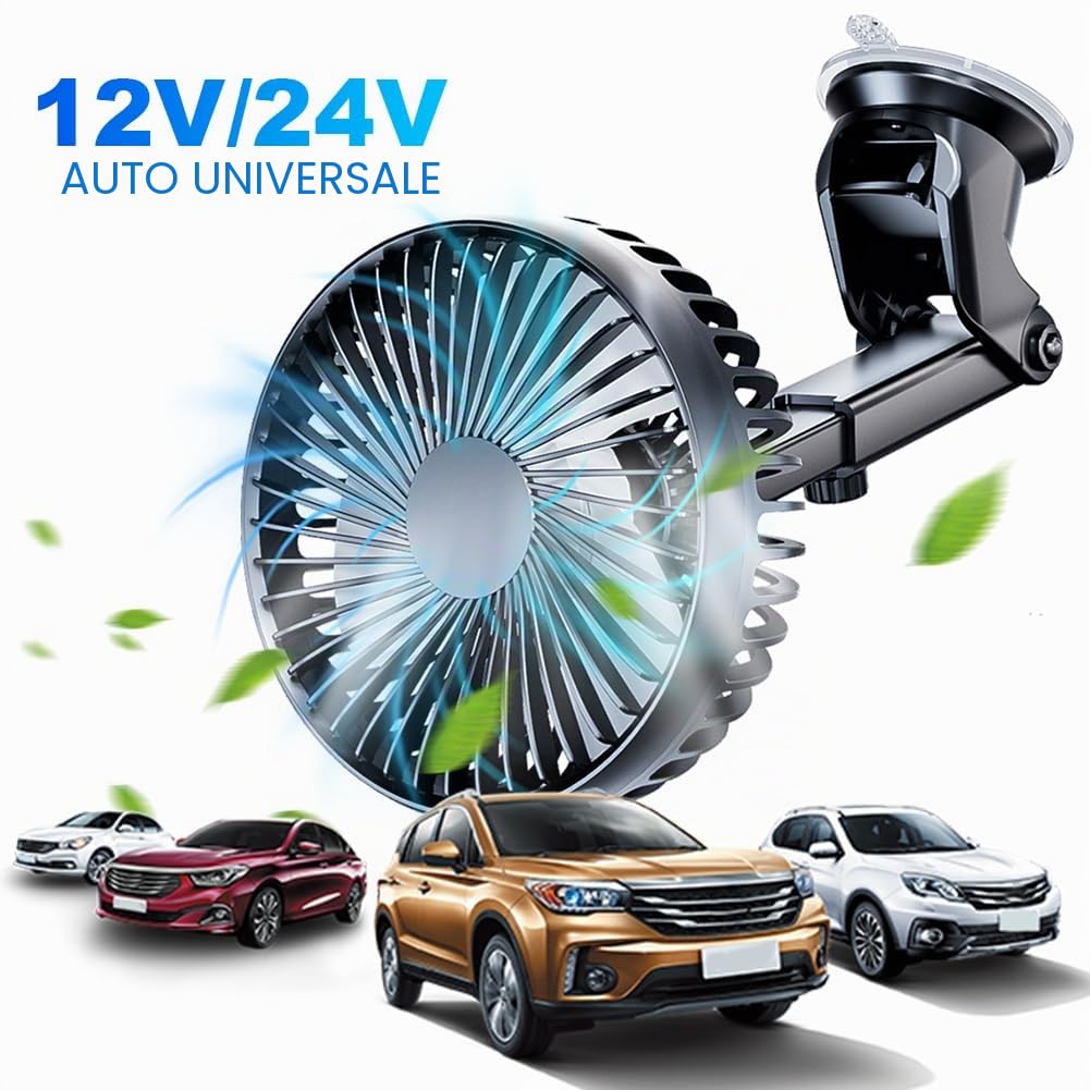 Ventilatore da Auto, Mini Ventilatore per Cruscotto, Regolabile a 360° con Ventosa, 3 Velocità, Filtro per Auto con Testa Singola