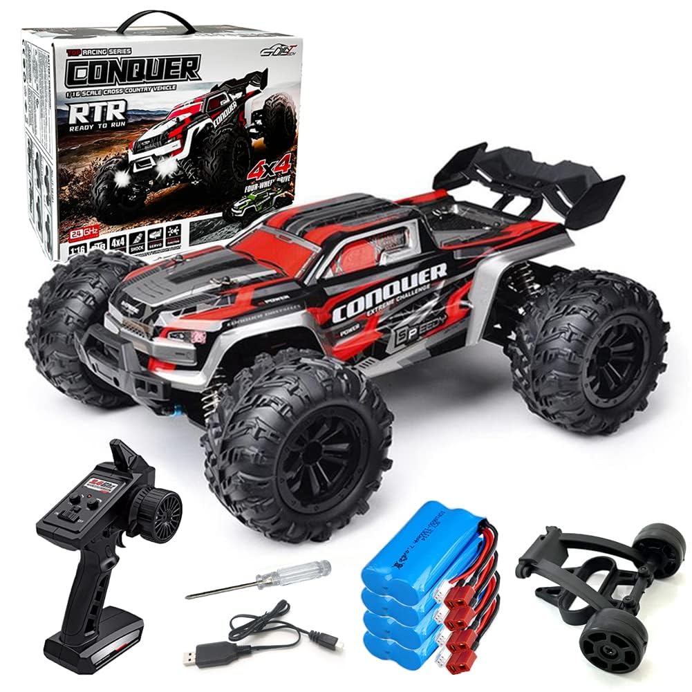 RC Cars 1:16 Scale Remote Control Car 50 KMH High Speed Fast 4WD RC Truck for Kids Adults Boys 2.4 GHz All Terrains RC Buggy Off-Road Drift RC Monster Trucks with 3 Batteries (Red)