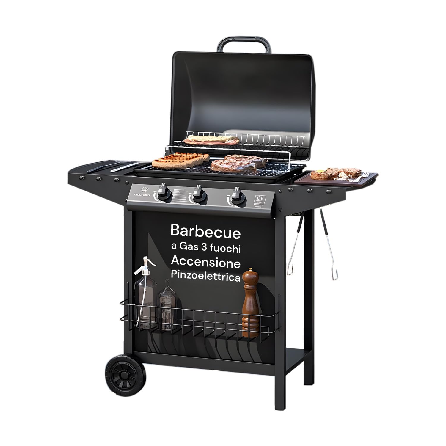 Avilia Barbecue a Gas 3 Fuochi Thomas – BBQ da Esterno in Acciaio Nero con Griglia Inox, Termometro, Cappa, Accensione Piezoelettrica e Ruote, Barbecue a Gas Esterno Compatto e Potente