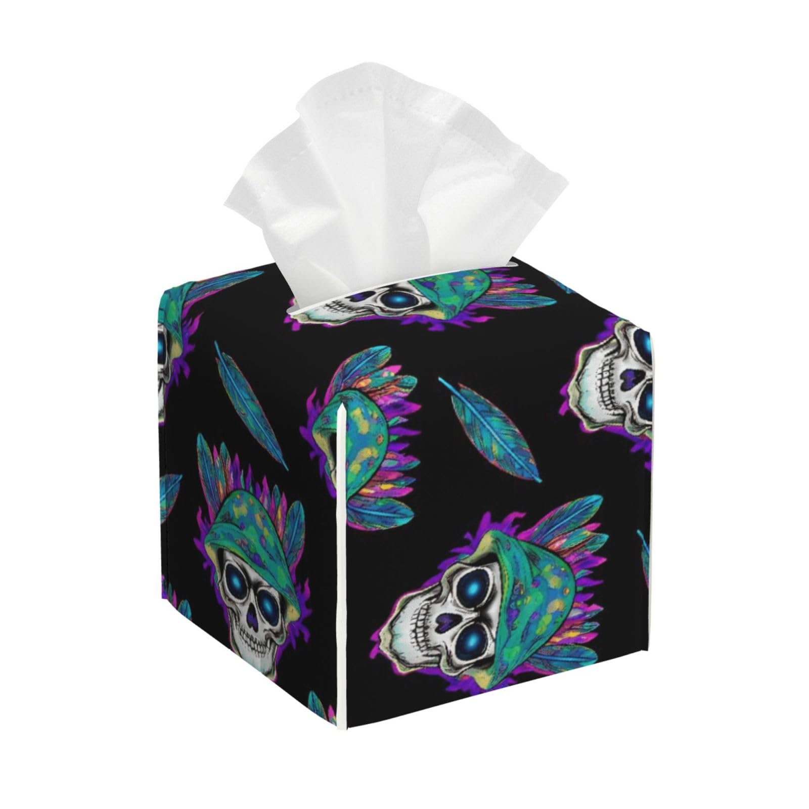 Trippy Skull Mushroom Leather Tissue Box Cover Holder Square Facial Paper Organizer 5.2" X 5.2" X 5.2"