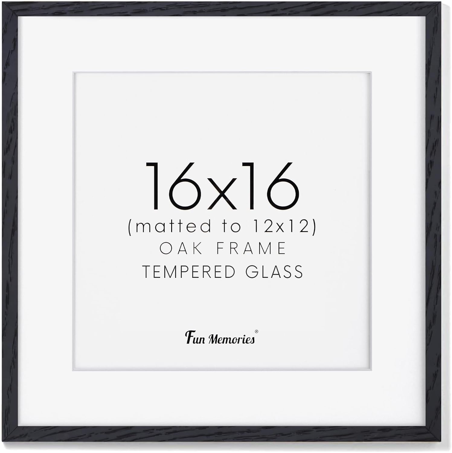 16"x16" Picture Frame in Black, Solid Oak Wood Frame 16x16, 16x16 Frame Matted to 12x12, Square Photo Frame 16x16 Inch - Tempered Glass (Black, 1 Pack) Black 16x16 - 1P
