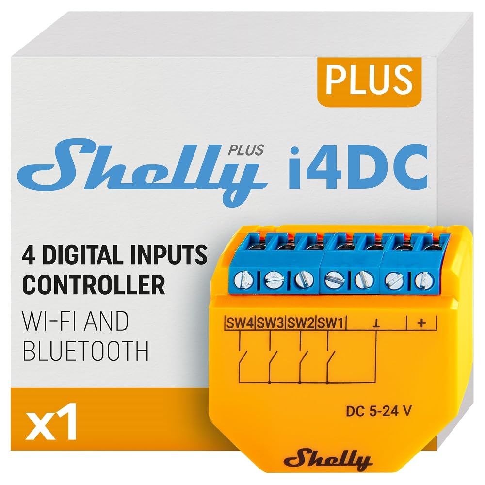 Shelly Shelly Plus i4 DC - Contrôleur Domotique Wi-Fi à 4 entrées, 5-24 VDC, Commande à distance dispositifs connectés, Horaires et scènes intelligentes, app iOS, Android