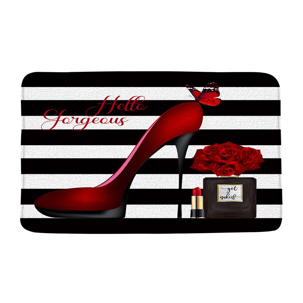 VPUPCN High Heels Bath Mat Gorgeous Fashion Girls Lipstick Perfume Flower Modern Woman Romantic Black White Stripes Microfiber Memory Foam Bathroom