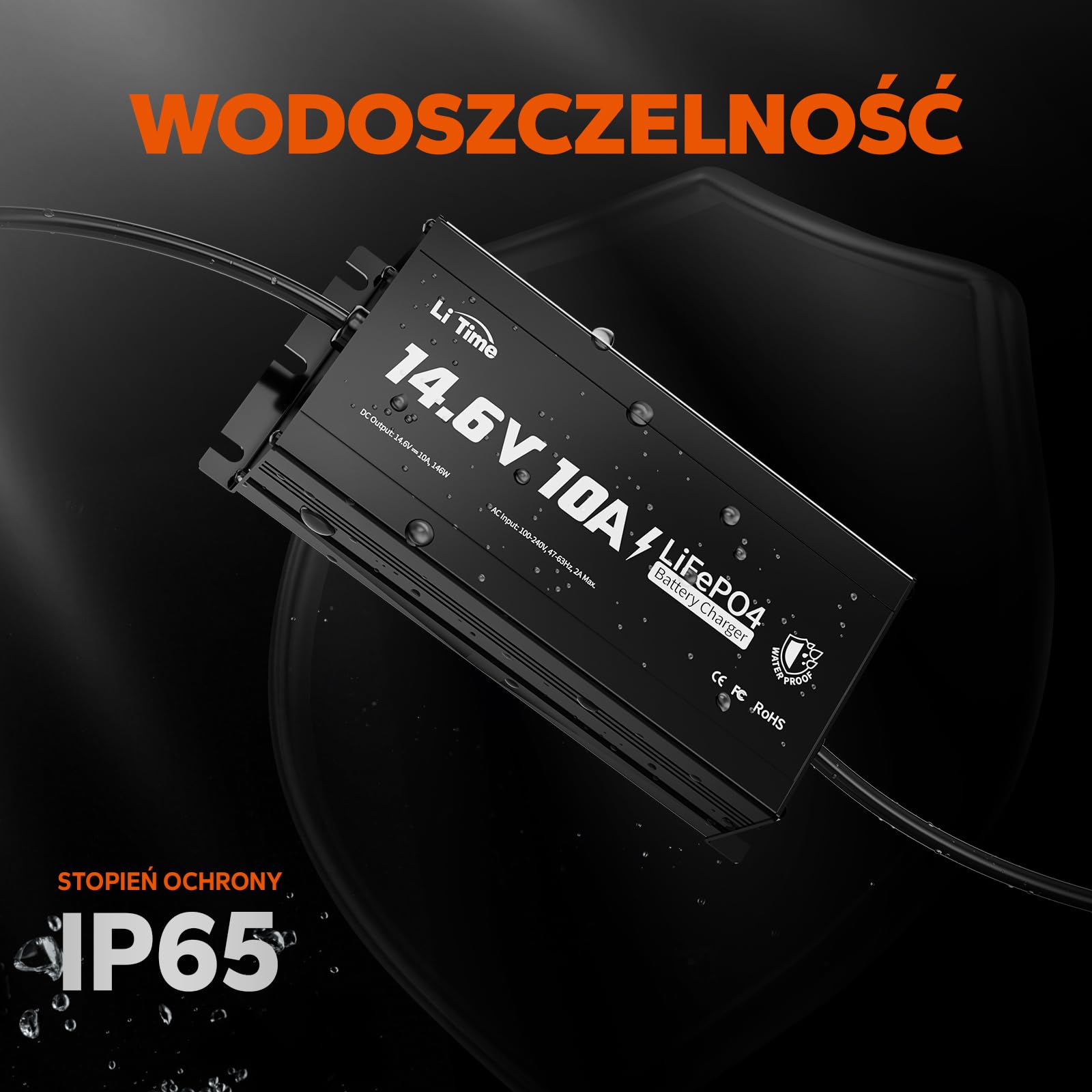 LiTime 14,6V 10A Ładowarka Pokładowa do Akumulatorów Litowo-jonowych IP67, 4-krotna Ochrona, Lepsza Wydajność ładowania, Wydłużona żywotność Akumulatorów Litowo-jonowych, do Użytku Zewnątrz Morzu