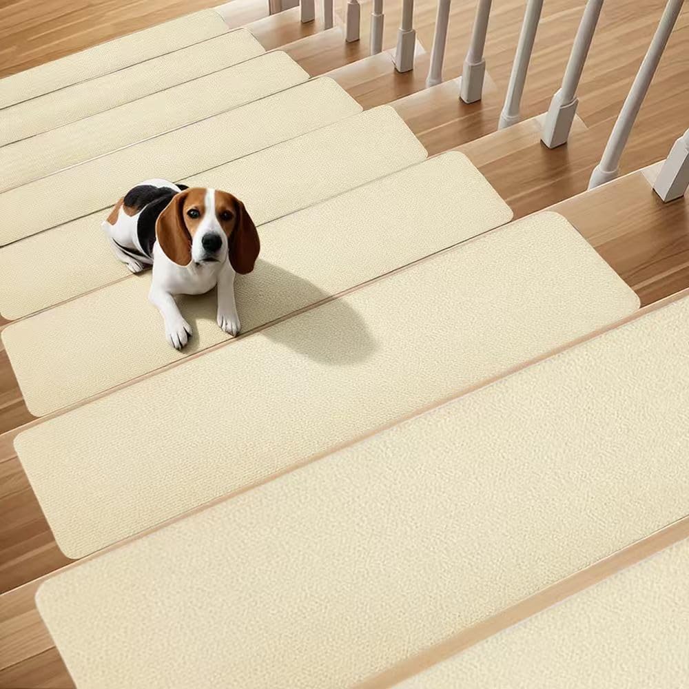 Aucuda 15PCS Stair Treads Non Slip for Wooden Steps, 76x20 cm Soundproof Stair Runners Carpet Indoor, Protector Cover for staircases with Self Adhesive, Stair Mats Pads for Kid, Elder, Pet, Beige.