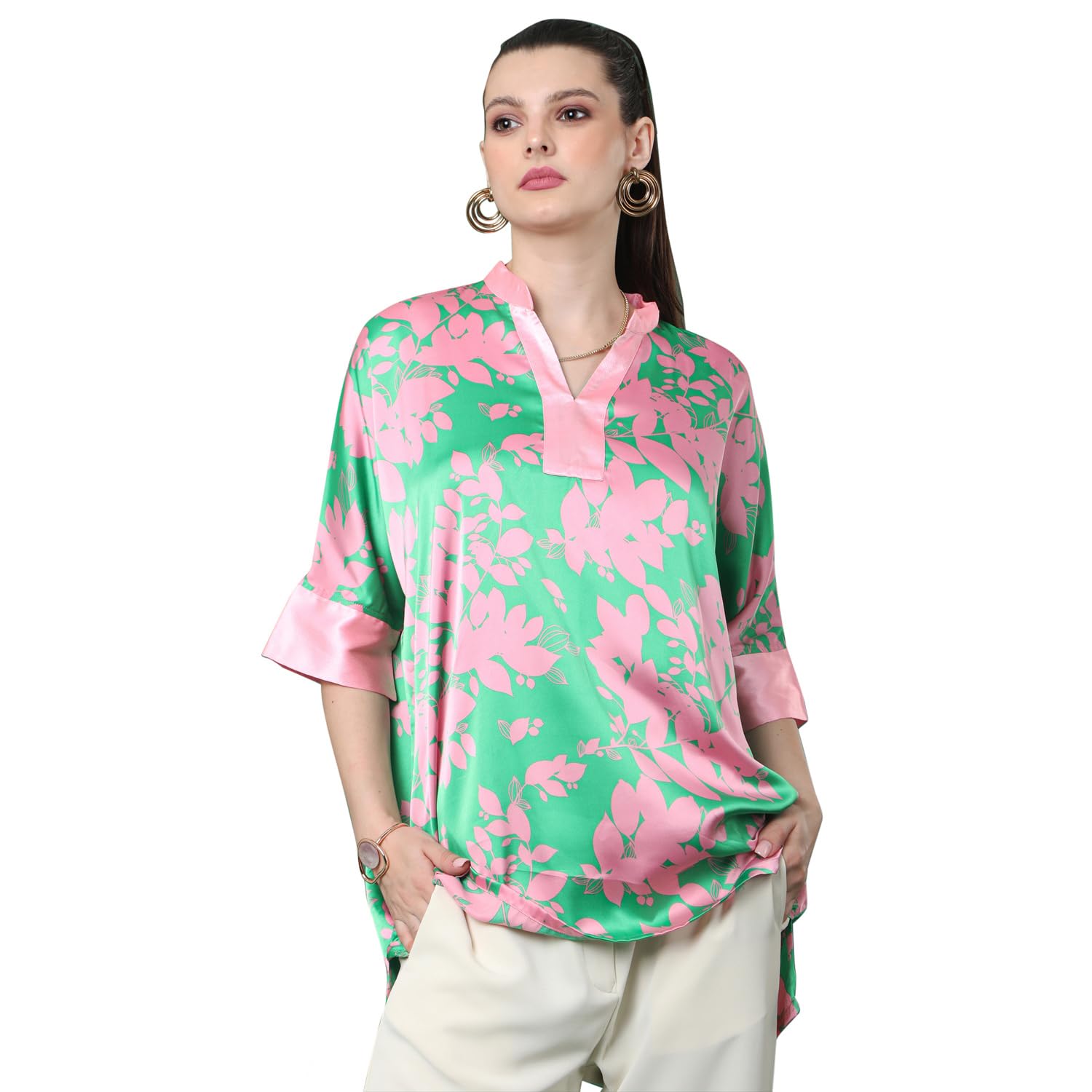 tamiska by narendra kumar Women’s Tunic Top – Green & Pink Floral Print, Relaxed Fit, High-Low Hem-picture-19