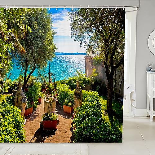 Loussiesd Sunny Shower Curtain 180x210cm Biological Theme Waterproof Shower Curtain Woodland Unique Seaside Waterproof Fabric Bathroom Beautiful Scenery with Hooks