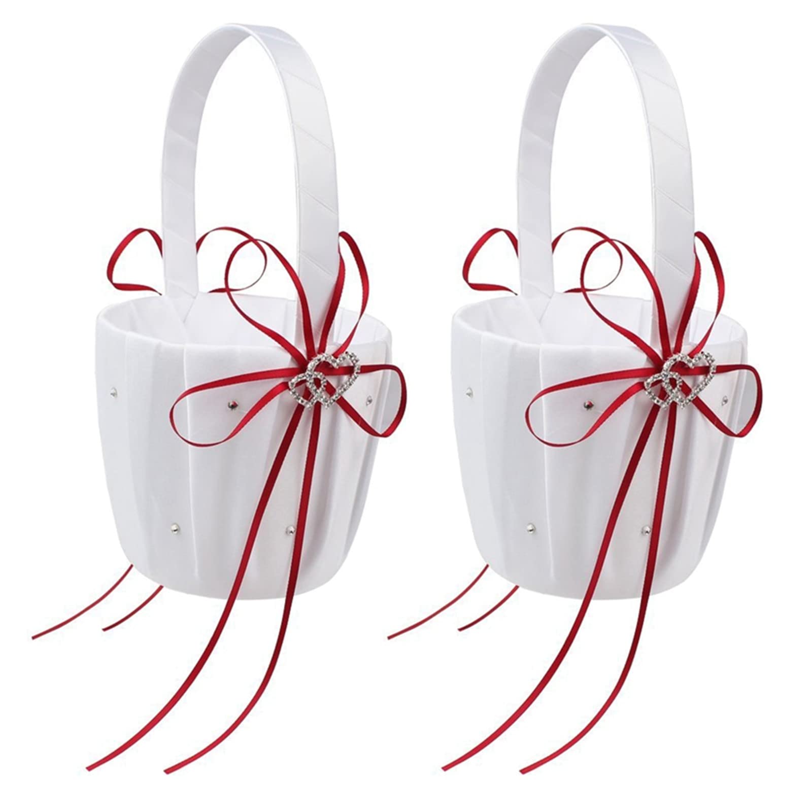2 Stück Hochzeits-Blumenmädchen-Korb, weißer Satin-Blumen-Aufbewahrungskorb mit Herzschnalle, Satinbänder, Hängekorb für Hochzeit (rot)