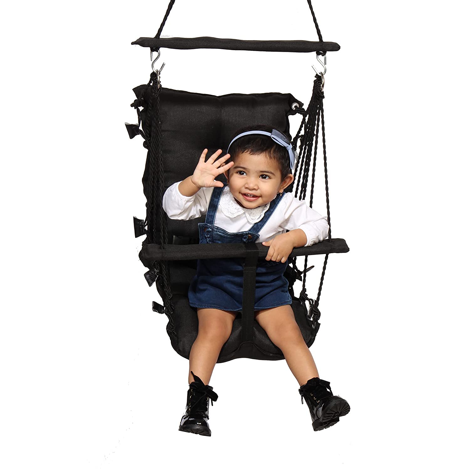 Wishing Clouds Piccolo Swing for Baby, Uyyala for Kids 1-3 Years with Cotton Filling and Leg Lock Mechanism with S Hook (Jute, Black)
