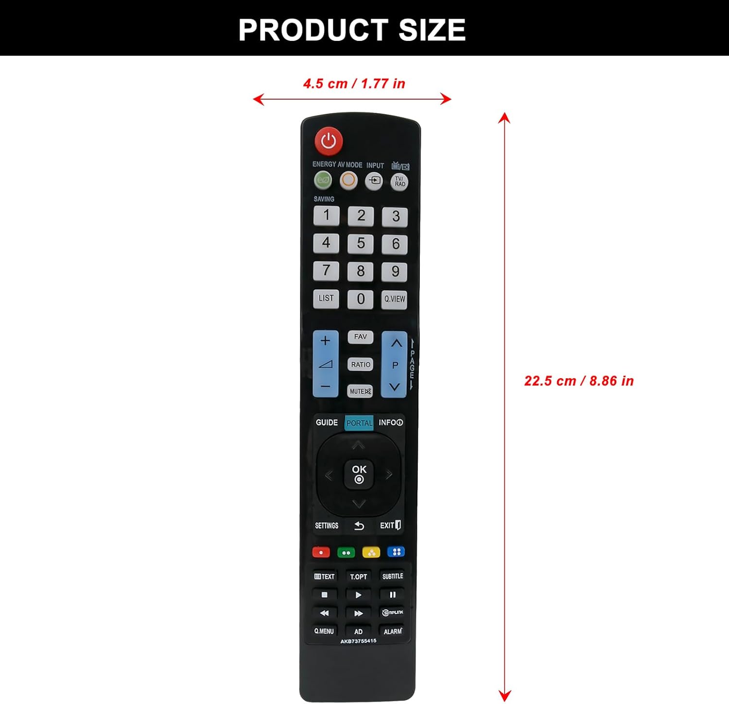 Front view of the Beyution AKB73755415 remote control with dimensions indicated: 4.5 cm (1.77 in) width and 22.5 cm (8.86 in) length.
